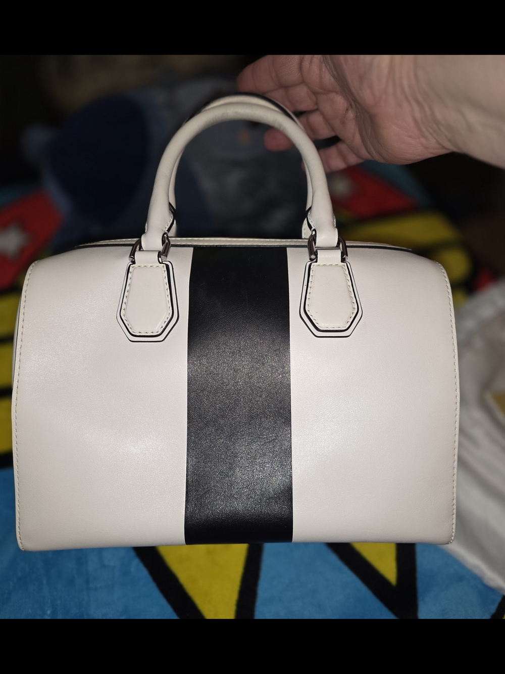 Michael Kors White Leather Satchel with Black Center Stripe - Picture 2 of 10